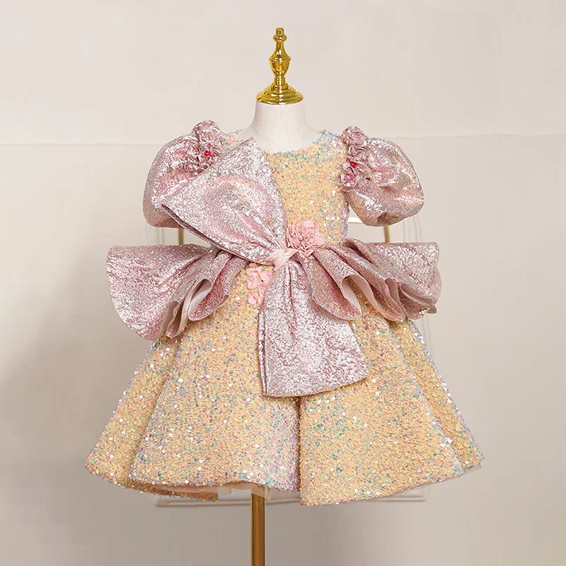 Toddler Prom Dress Girl Luxurious Sequin Big Bow Puff Sleeves Princess Birthday Dress Casual Short Summer Toddler Prom Dress Girl Luxurious Sequin Big Bow Puff Sleeves Princess Birthday Dress Casual Short Summer