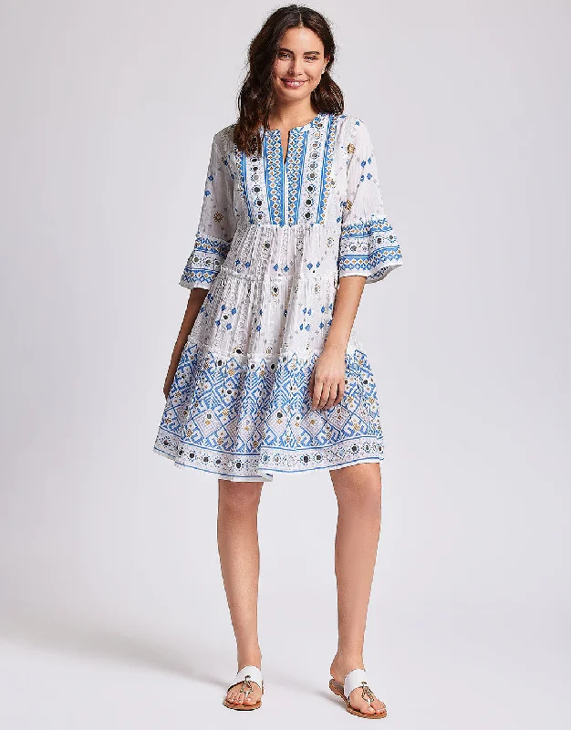 Marina 3/4 Sleeve Dress - White and Blue Tunics Exclusive limited