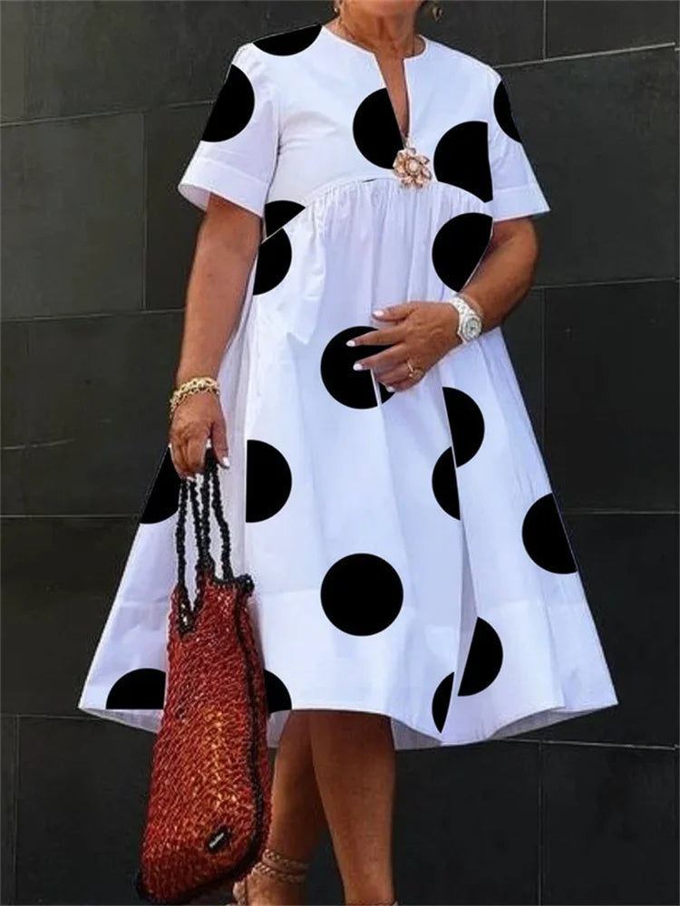 Modigirl Women Midi Shirts Dress 2024 Summer Short Sleeves Black and White Polka Dot Daily Casual Simple Female A-line Dresses Tunics Essential wardrobe Modigirl Women Midi Shirts Dress 2024 Summer Short Sleeves Black and White Polka Dot Daily Casual Simple Female A-line Dresses Tunics Essential wardrobe