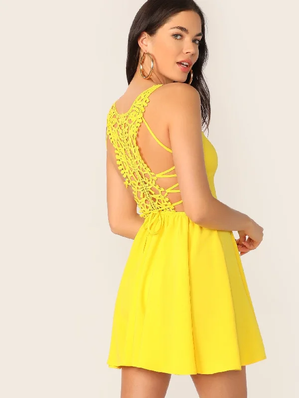Neon Yellow Lace Up Guipure Lace Back Cami Sundress Tunic Top Casual