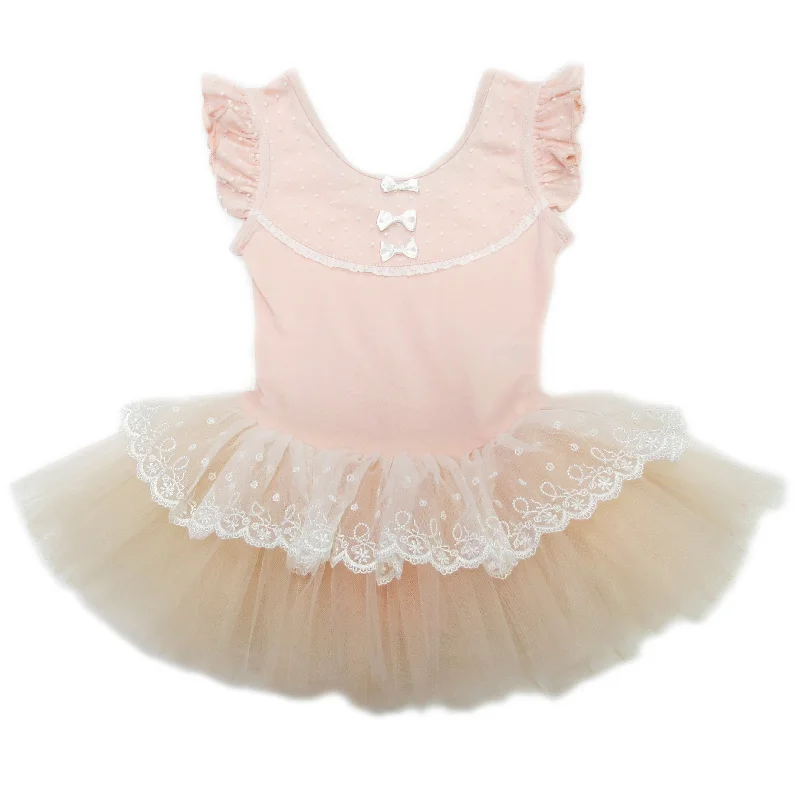 Peach Lace & Bow Ballet Dress Off-the-shoulder Chic Trendy