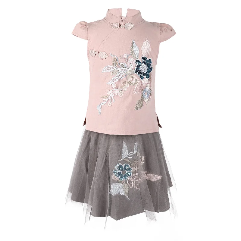 Pink Gray Embroidery 2-Pieces Cotton Dress Tunics Spring floral