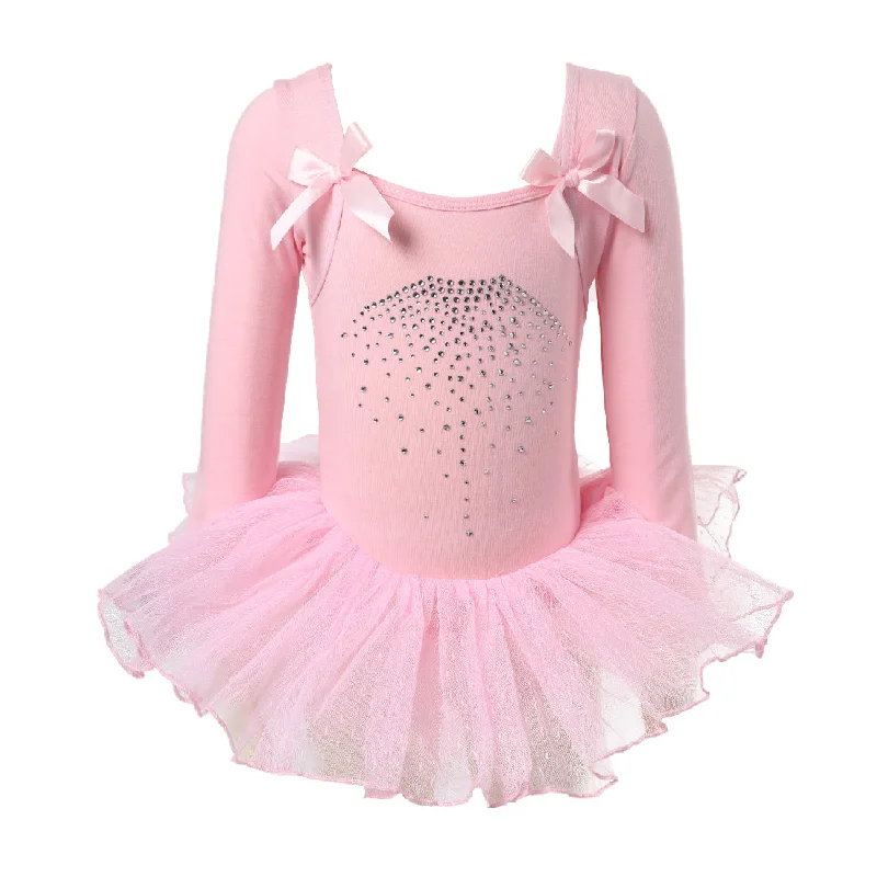 Pink Rhinestone Bow Long-Sleeve Ballet Dress Pencil Office Professional