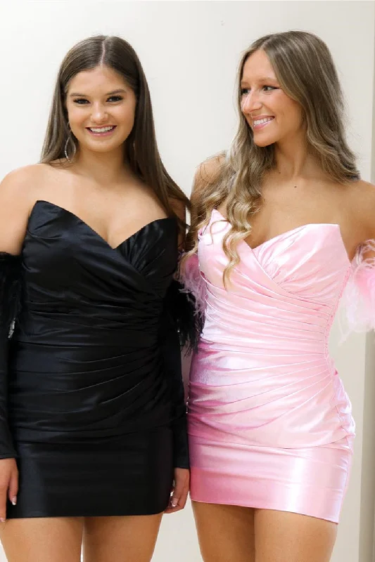 Pink Strapless Surplice Satin Homecoming Dress with Feathered Sleeves Tunics Distressed trendy Pink Strapless Surplice Satin Homecoming Dress with Feathered Sleeves Tunics Distressed trendy