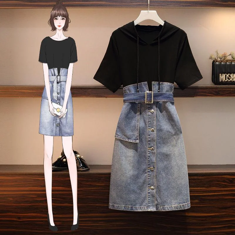 Plus Size Dress Summer Women Denim Stitching Dress Midi Short-sleeve Hooded Dress with Belt Boat Neckline Classic Plus Size Dress Summer Women Denim Stitching Dress Midi Short-sleeve Hooded Dress with Belt Boat Neckline Classic