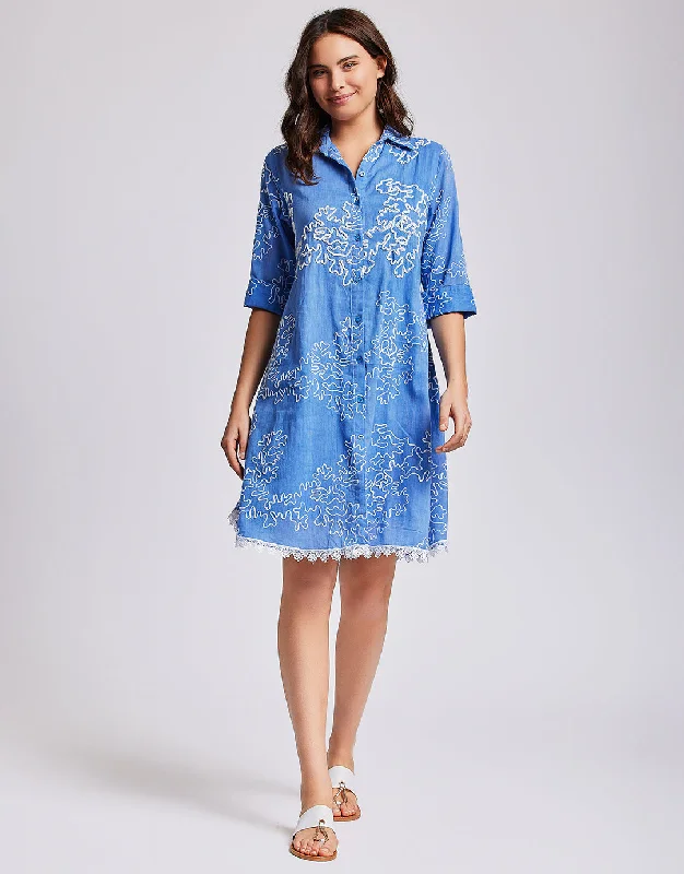Romina 3/4 Sleeve Shirt Dress - Capri Blue Crew Neckline Sporty