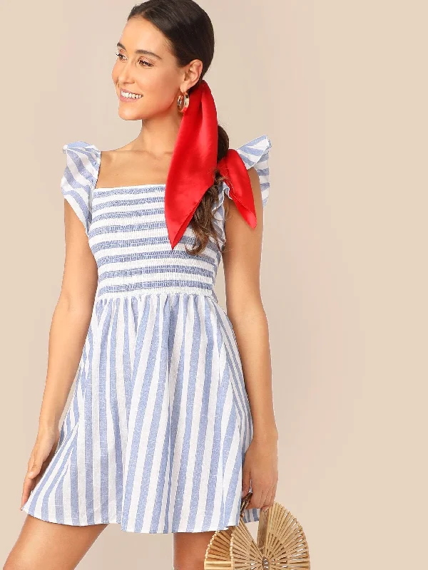 Ruffle Armhole Shirred Bodice Striped Dress Shift Classic Vintage