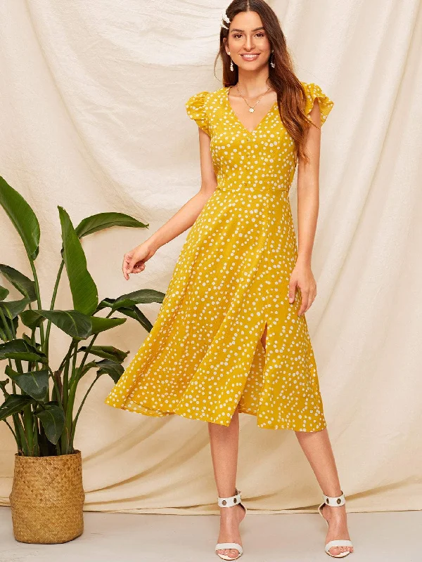 Ruffle Trim Button Front Split Dress Tunics Chinos classic