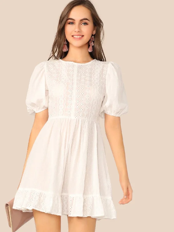 Schiffy Puff Sleeve Ruffle Hem Flare Dress Tunics Running lightweight