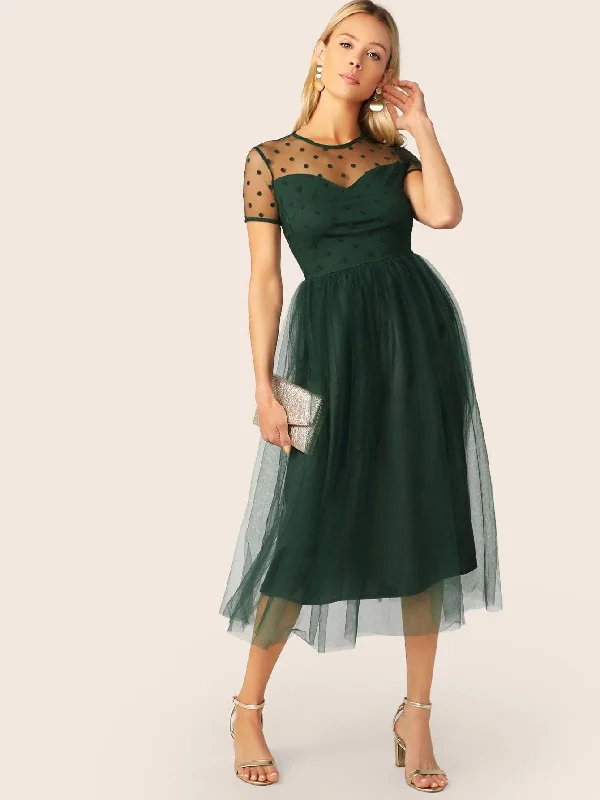 Sheer Shoulder Mesh Overlay Flare Dress Tunics Chic fashionable