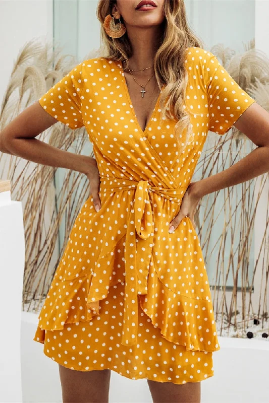 Short Sleeves Polk Dots Yellow Sundress Tunics Satin smooth