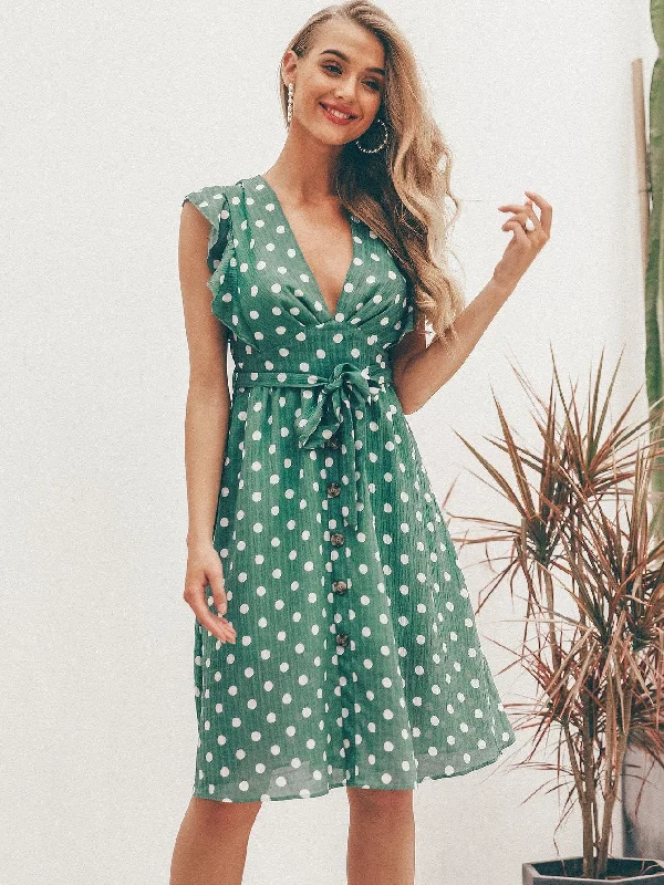 Simplee Polka-dot Print Ruffle Trim Belted Tea Dress Tunics Winter warm