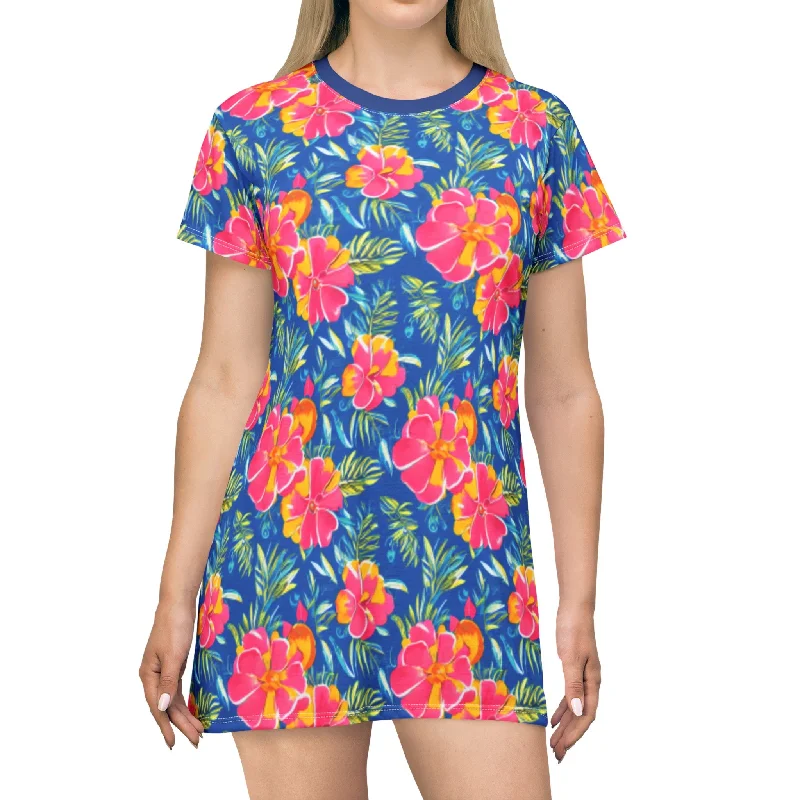 T-Shirt Dress for Women, Blue & Pink Flower Theme design Tunics New arrival