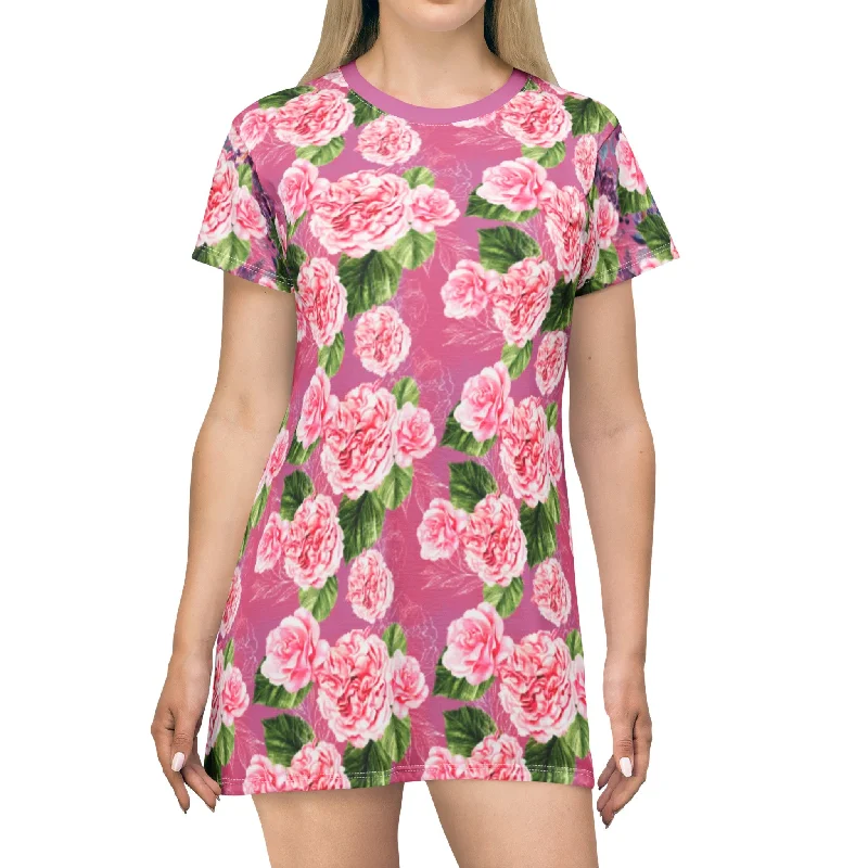 T-Shirt Dress for Women, Pink & Green Flower Theme Tunics Brand named