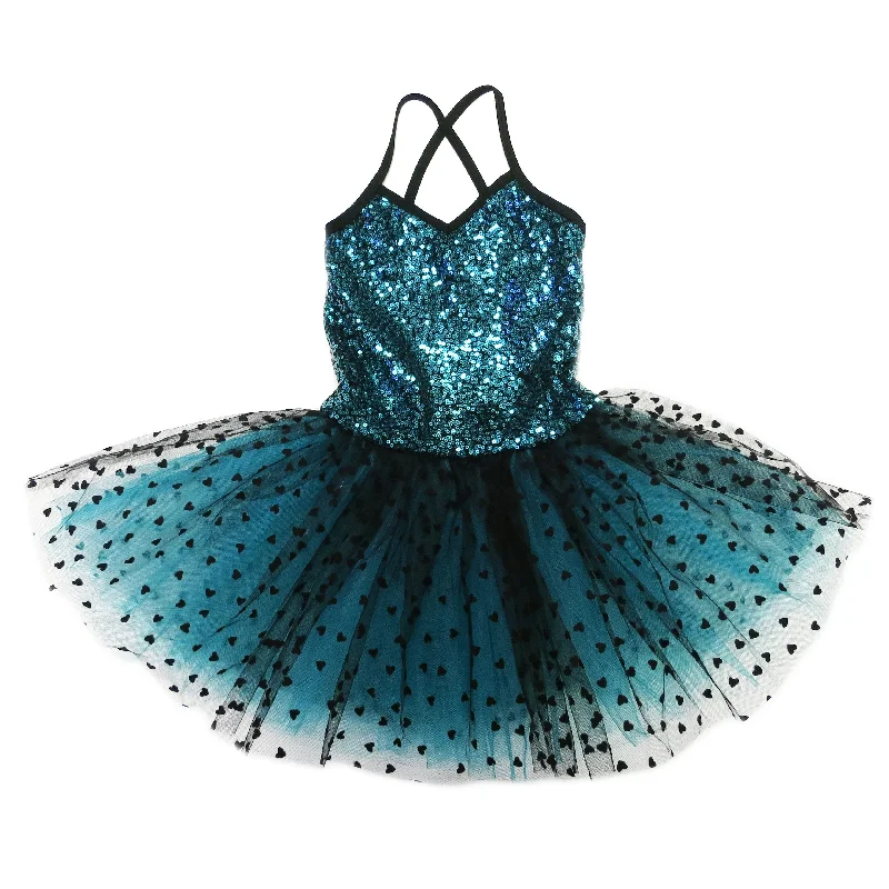 Teal/Black Sequins & Hearts Ballet Dress Crew Neckline Casual