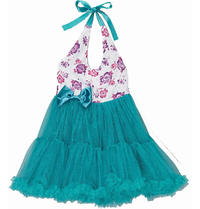 Teal & Purple Floral Halter Dress Turtleneck Warm Winter
