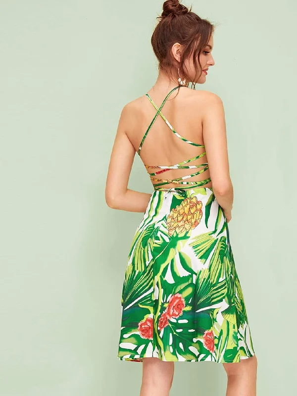 Tropical Print Lace Up Back Flare Slip Dress Tunics Designer luxury