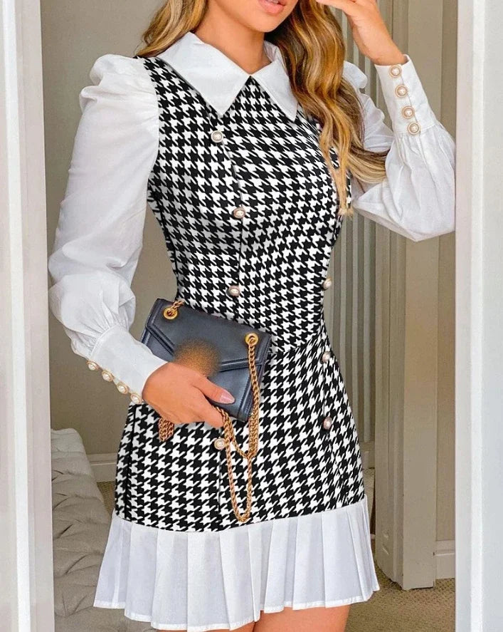 Womens Dresses 2024 Spring Fashion Houndstooth Button Decor Puff Sleeve Ruffle Hem Elegant Turn-Down Collar Daily A Line Dress Tunics Designer luxury Womens Dresses 2024 Spring Fashion Houndstooth Button Decor Puff Sleeve Ruffle Hem Elegant Turn-Down Collar Daily A Line Dress Tunics Designer luxury