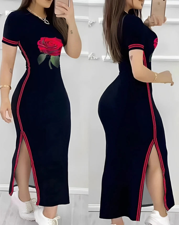 Womens Dresses 2024 Summer Fashion Striped Rose Print Side Slit Casual O-Neck Short Sleeve Skinny Daily A Line Long Dress Tunics Exclusive limited Womens Dresses 2024 Summer Fashion Striped Rose Print Side Slit Casual O-Neck Short Sleeve Skinny Daily A Line Long Dress Tunics Exclusive limited
